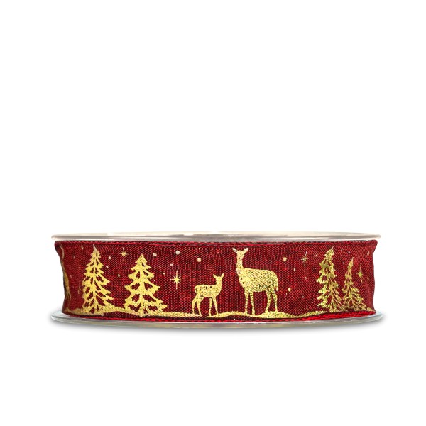 Geschenkband für Weihnachten mit goldenen Bäumen und Hirschen auf Bordeauxgrund.