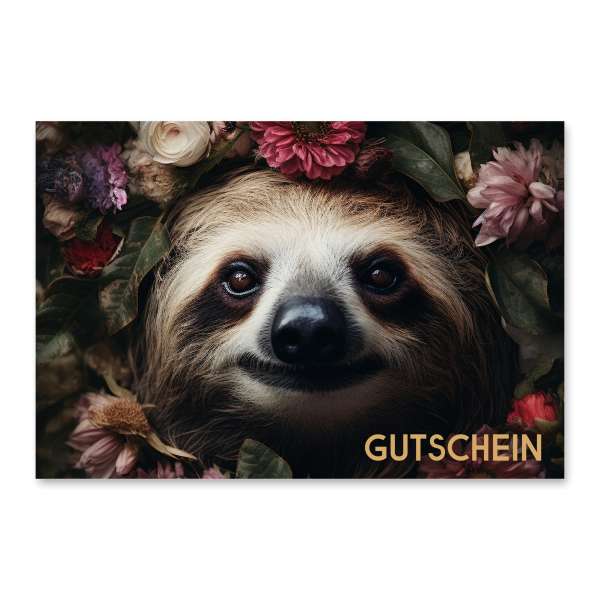 Gutscheinkarte mit blumigem Faultiermotiv.