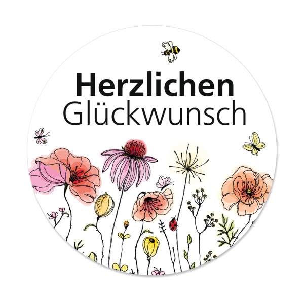 Blumiger Motivsticker mit Aufschrift "Herzlichen Glückwunsch".