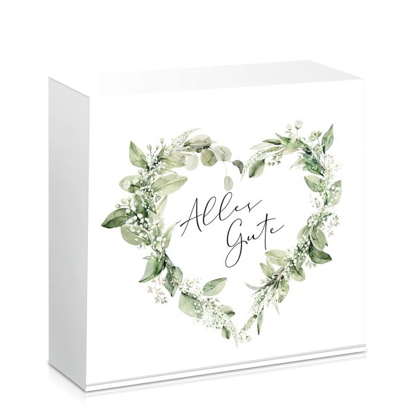 Weiße Geschenkbox mit Aufschrift "Alles Gute" und floristischem Herz als modernem Ganzjahresmotiv.