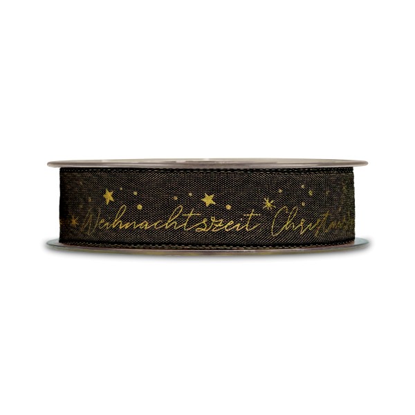 Elegantes, braunes Geschenkband mit goldener Aufschrift "Weihnachtszeit" und goldenen Sternchen.