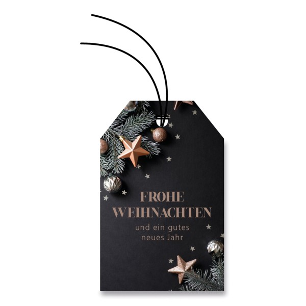 Kärtchenanhänger für Weihnachten in Schwarz mit Weihnachtsdeko und Aufschrift "Frohe Weihnachten und ein gutes neues Jahr.".