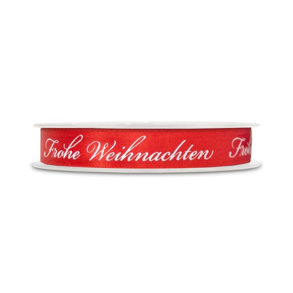 Rotes Weihnachtsband mit Aufschrift "Frohe Weihnachten" in Weiß.