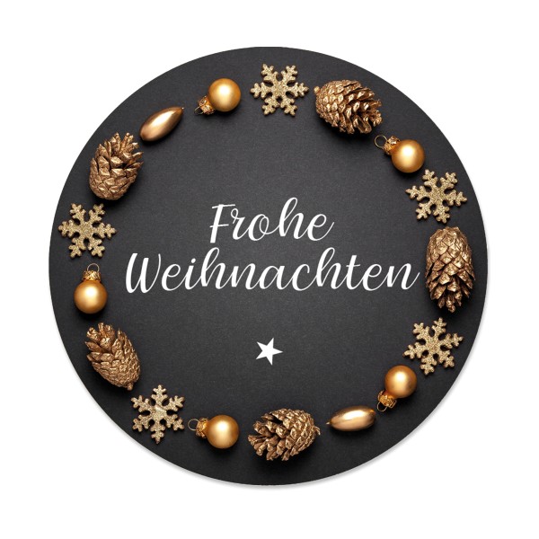 Weihnachtsaufkleber in Schwarz mit Weihnachtsdekoration und Aufschrift "Frohe Weihnachten".